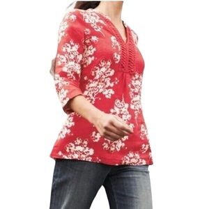 BODEN 100% LINEN LIGHT RED WHITE FLORAL 3/4 SLEEVE BLOUSE SIZE US 10R